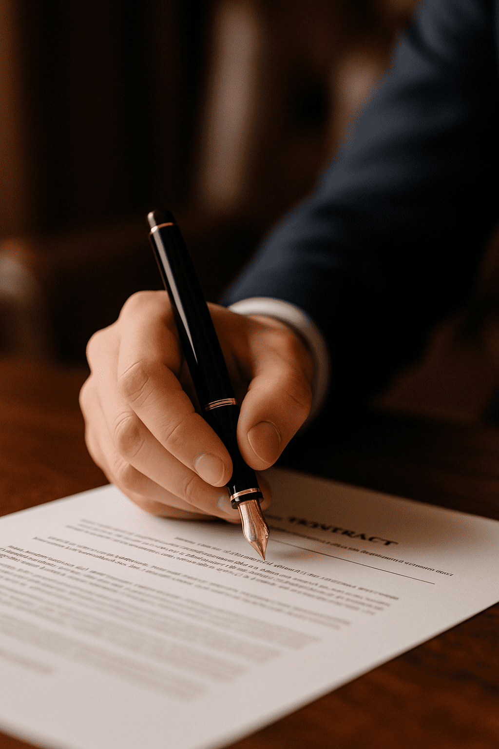 Close-up of a hand signing a contract with a fountain pen as part of Montana registered agent paperwork.
